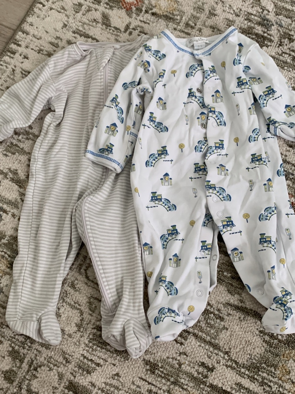 Kissy Kissy White & Blue Train Print and Gray Striped Baby Footies
